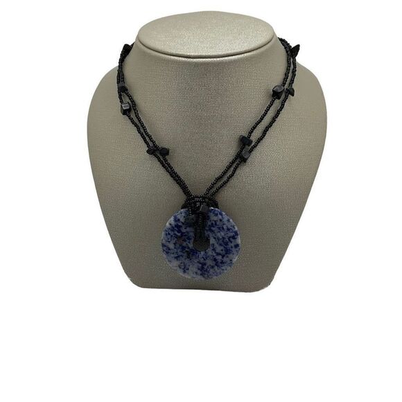 Sodalite Necklace Blue White Natural Stone Donut Pendant Black Beaded Chain - Picture 2 of 10